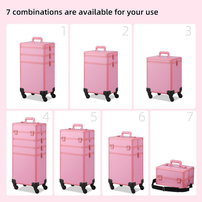Makeup Train Case, Rolling Makeup Case with Lid, 5 in 1 Cosmetology Case on Wheels, Christmas Gift, Large Makeup Case Organizers, Profesional Cosmetic Case for Salon Barber, Pink