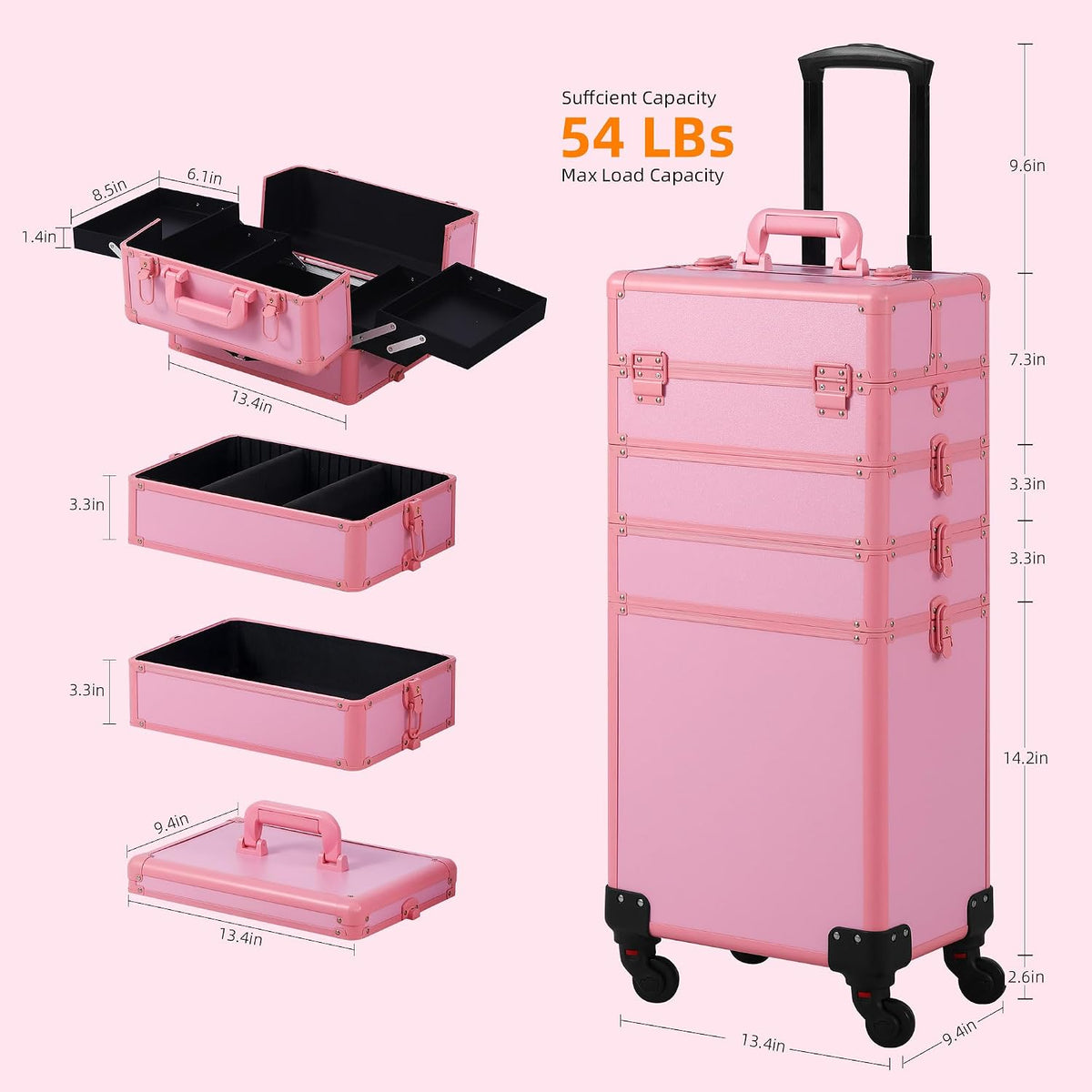 Makeup Train Case, Rolling Makeup Case with Lid, 5 in 1 Cosmetology Case on Wheels, Christmas Gift, Large Makeup Case Organizers, Profesional Cosmetic Case for Salon Barber, Pink