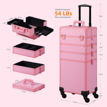 Makeup Train Case, Rolling Makeup Case with Lid, 5 in 1 Cosmetology Case on Wheels, Christmas Gift, Large Makeup Case Organizers, Profesional Cosmetic Case for Salon Barber, Pink