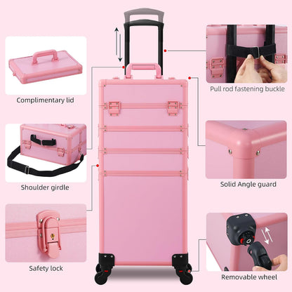 Makeup Train Case, Rolling Makeup Case with Lid, 5 in 1 Cosmetology Case on Wheels, Christmas Gift, Large Makeup Case Organizers, Profesional Cosmetic Case for Salon Barber, Pink