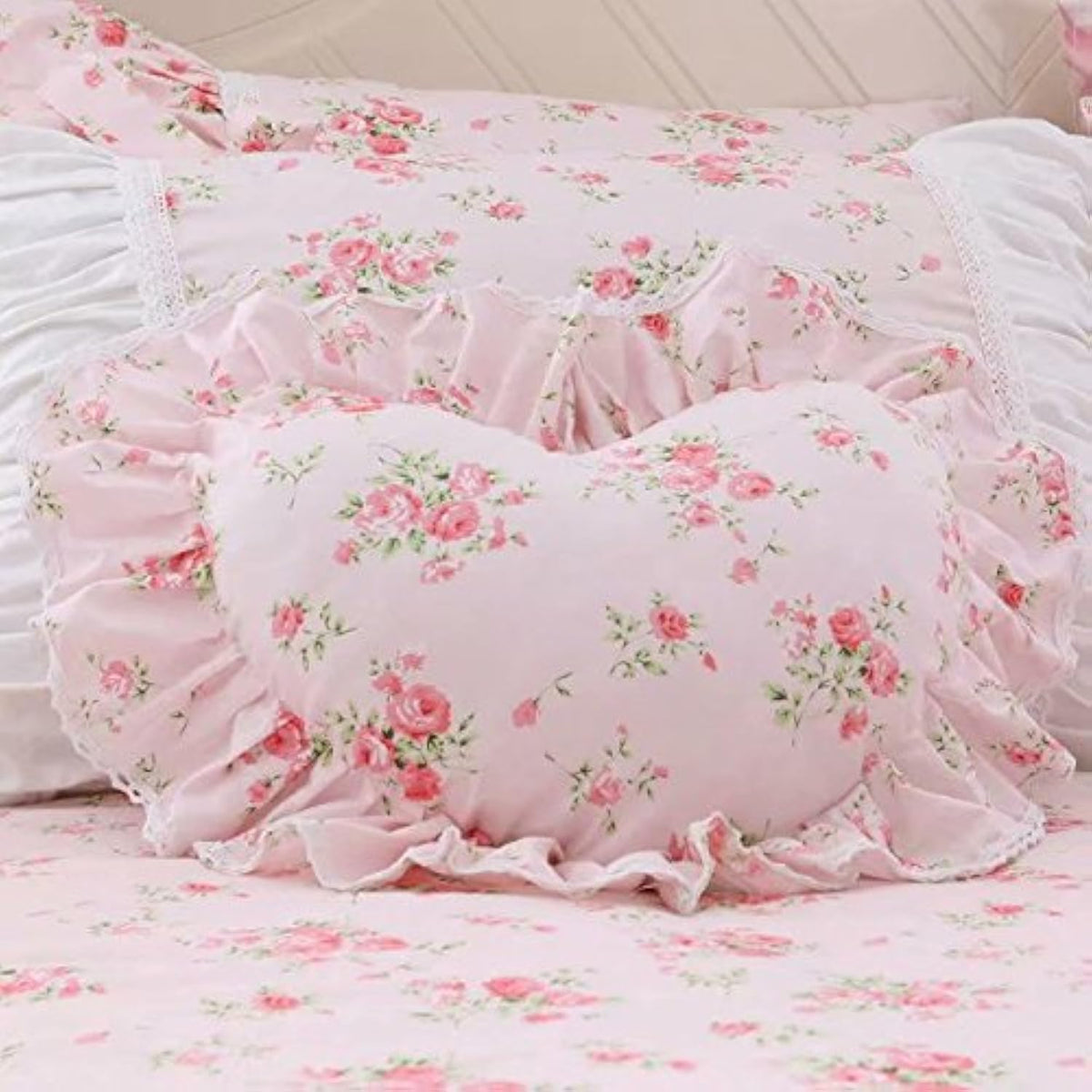 Floral Ruffle Design Throw Pillow Sham Cushion Pink Heart Decoration Pillow Shaped Sofa Bed Throw Pillows