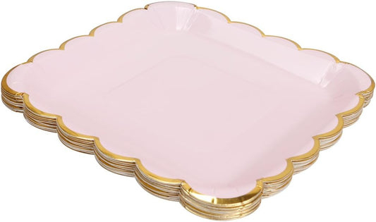 Geeklife Pink Paper Party Plates with Metallic Gold Border, 9 inch Paper Decorative Dessert Plates Set, 20 count