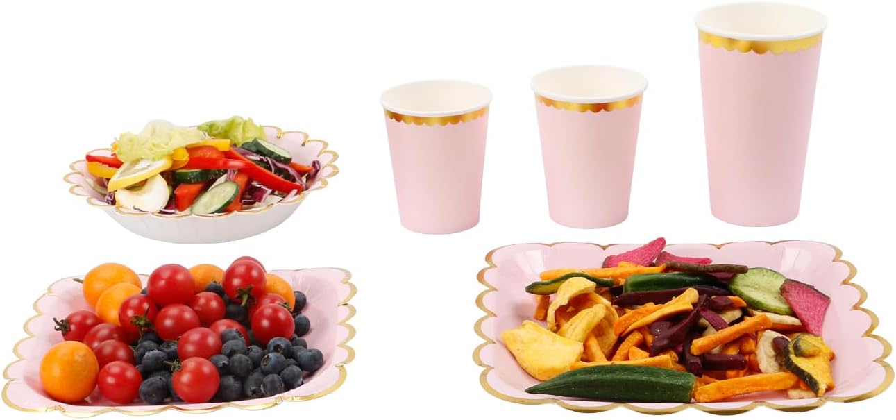 Geeklife Pink Paper Party Plates with Metallic Gold Border, 9 inch Paper Decorative Dessert Plates Set, 20 count
