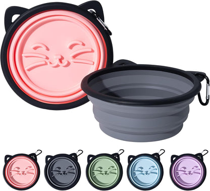 2Pack Silicone Collapsible Dog Bowls, Cute Pet Ear Shape and Cat Graphic Travel Water Bowl Full of Pet Atmosphere 25oz Portable Feeder for Small Large Dog Walking Hiking Camping (Pink and Grey)