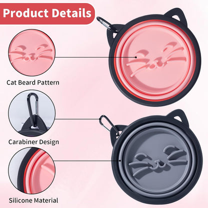 2Pack Silicone Collapsible Dog Bowls, Cute Pet Ear Shape and Cat Graphic Travel Water Bowl Full of Pet Atmosphere 25oz Portable Feeder for Small Large Dog Walking Hiking Camping (Pink and Grey)