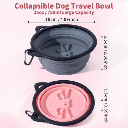 2Pack Silicone Collapsible Dog Bowls, Cute Pet Ear Shape and Cat Graphic Travel Water Bowl Full of Pet Atmosphere 25oz Portable Feeder for Small Large Dog Walking Hiking Camping (Pink and Grey)