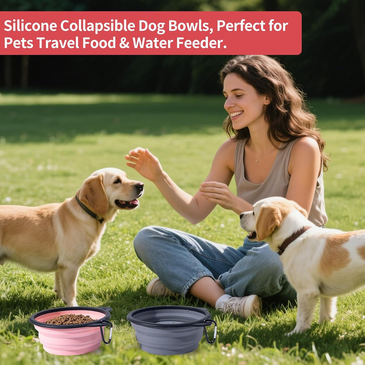 2Pack Silicone Collapsible Dog Bowls, Cute Pet Ear Shape and Cat Graphic Travel Water Bowl Full of Pet Atmosphere 25oz Portable Feeder for Small Large Dog Walking Hiking Camping (Pink and Grey)