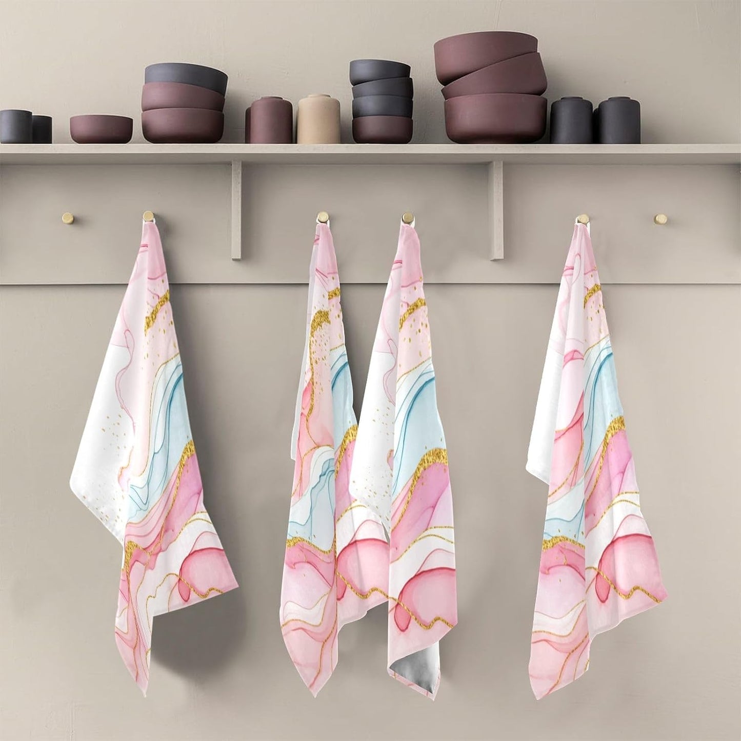 Art Pastel Pink Golden Sage Dish Towels Set Kitchen Decor Cute Tea Towels Rags Washcloths Absorbent Soft 18 x 28 Inch, 6 Packs