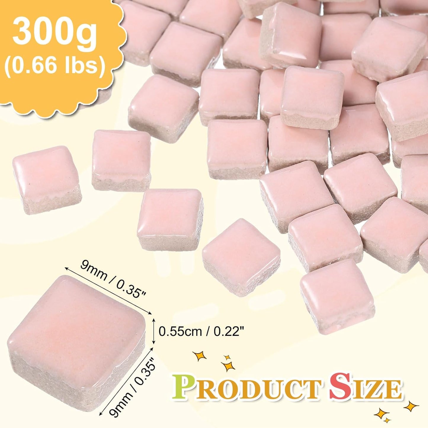 9mm Square Mosaic Tiles, 300g Ceramic Mosaic Pieces Glazed Porcelain Tiles Bulk for Vase Flower Pots Aquarium Decor Garden Project DIY Art Craft, Pink
