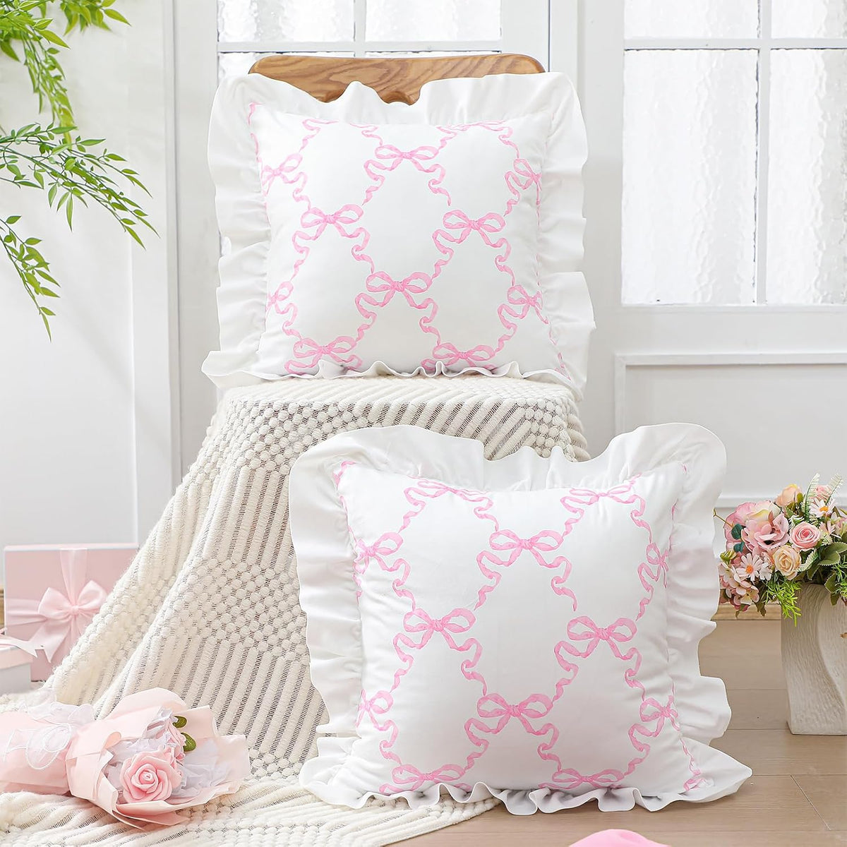 Pink Bow Pillow Covers Set of 2 Christmas Ruffle Pillow Cases Coquette Pillowcase Sham Covers Cute Preppy Bow Pillows Decorative Girly Apartment Bedroom Room Decor 18 x 18''