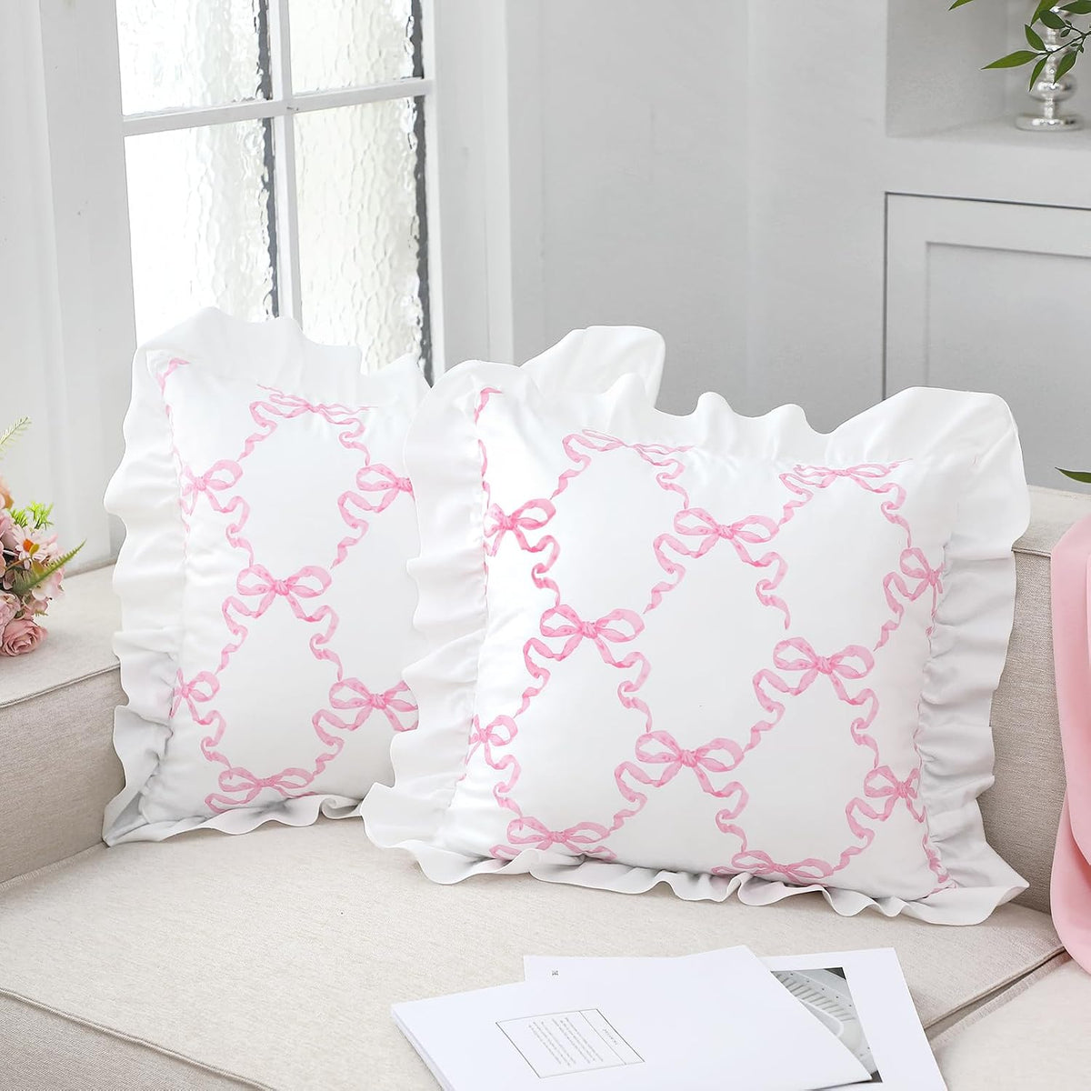 Pink Bow Pillow Covers Set of 2 Christmas Ruffle Pillow Cases Coquette Pillowcase Sham Covers Cute Preppy Bow Pillows Decorative Girly Apartment Bedroom Room Decor 18 x 18''