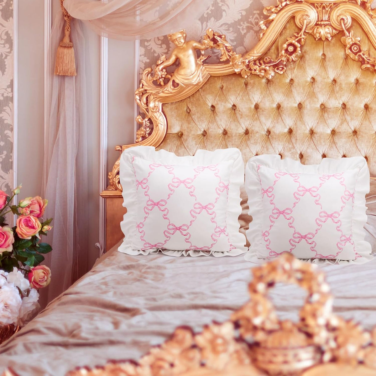 Pink Bow Pillow Covers Set of 2 Christmas Ruffle Pillow Cases Coquette Pillowcase Sham Covers Cute Preppy Bow Pillows Decorative Girly Apartment Bedroom Room Decor 18 x 18''