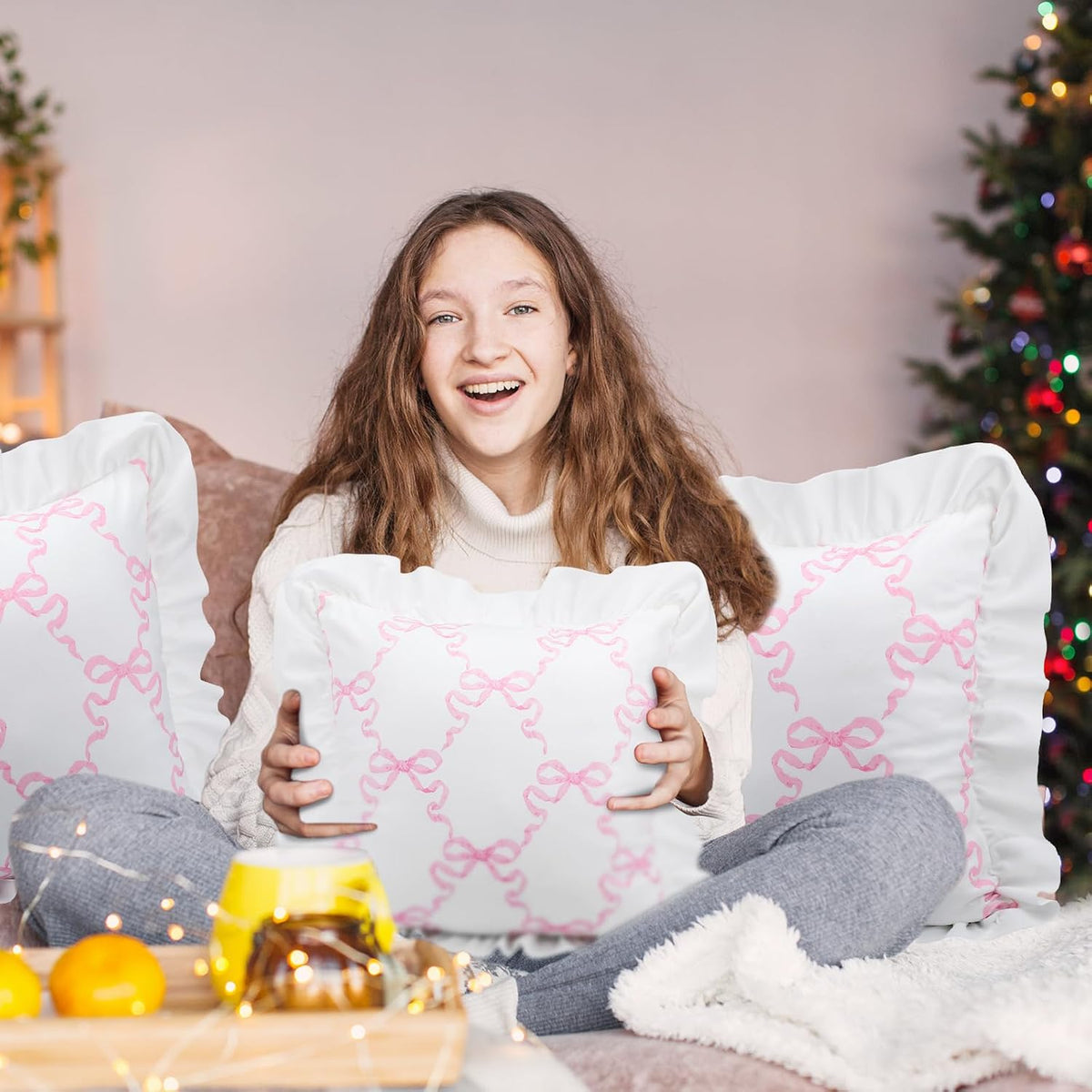 Pink Bow Pillow Covers Set of 2 Christmas Ruffle Pillow Cases Coquette Pillowcase Sham Covers Cute Preppy Bow Pillows Decorative Girly Apartment Bedroom Room Decor 18 x 18''