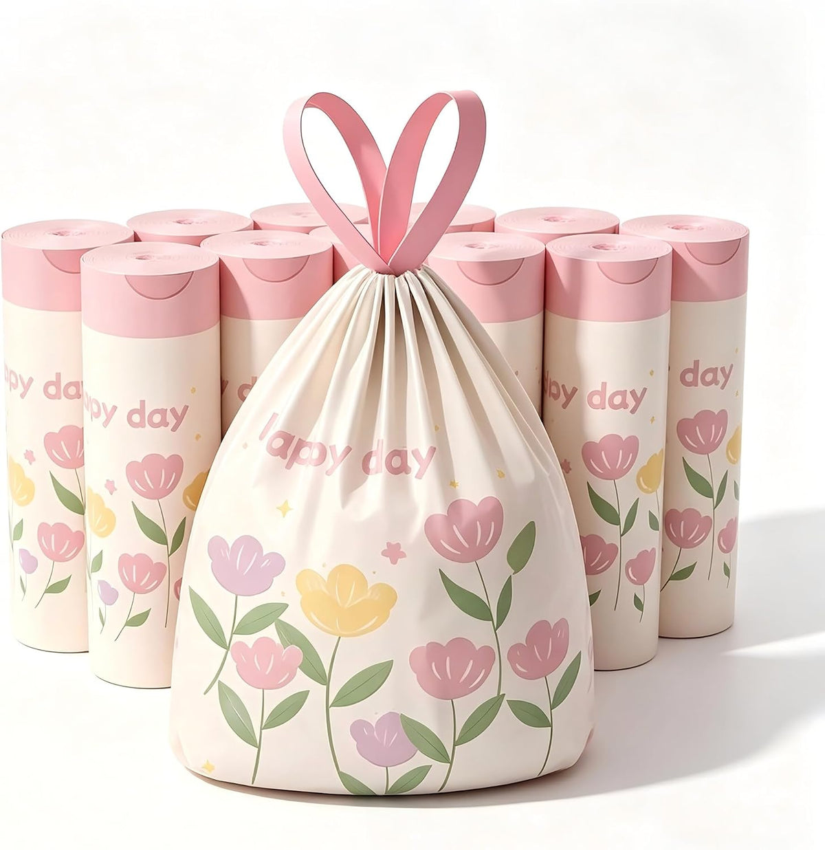 Pink Floral Print Plastic Trash Bags, Strong Drawstring Garbage Bags for Kitchen & Household