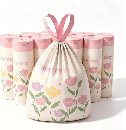 Pink Floral Print Plastic Trash Bags, Strong Drawstring Garbage Bags for Kitchen & Household