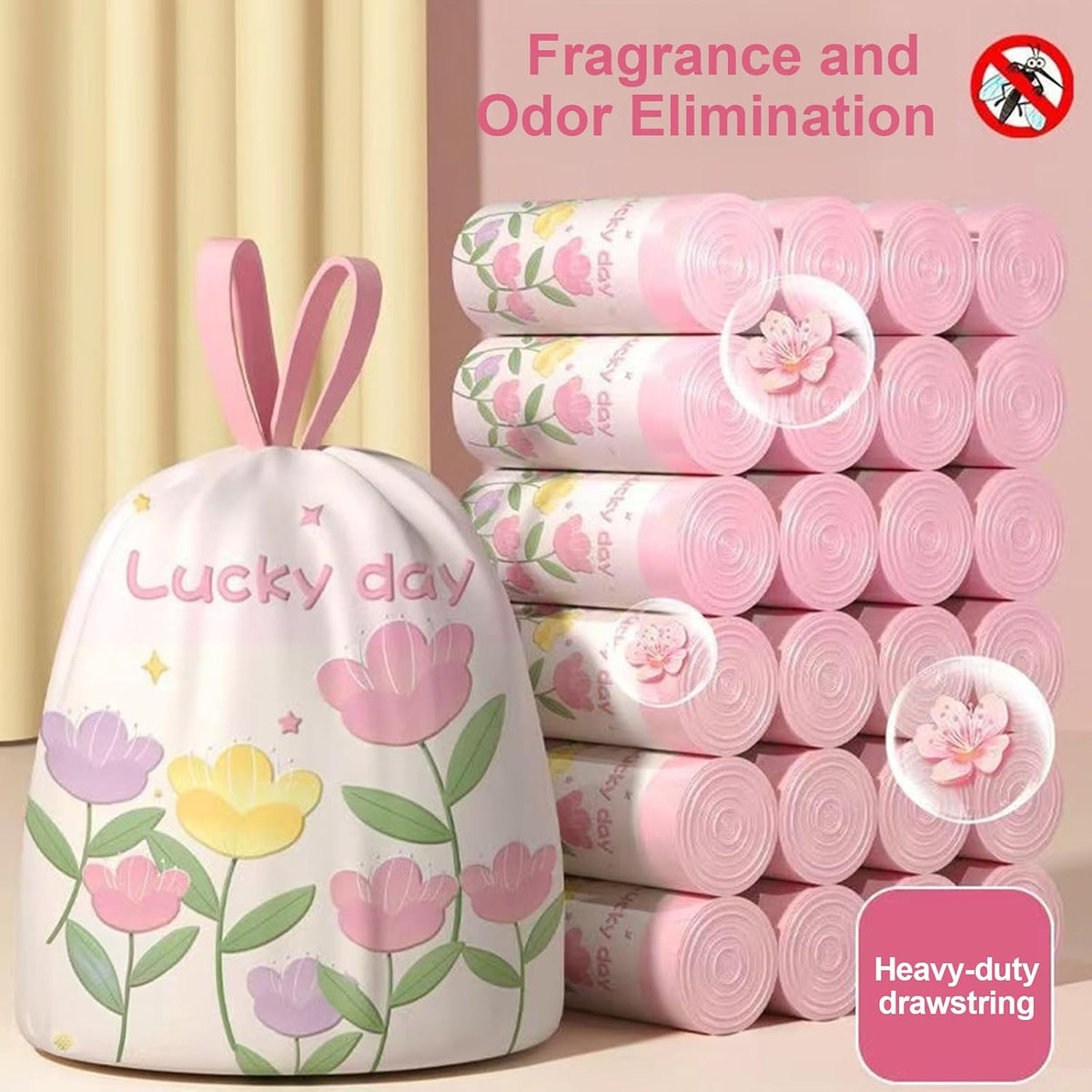 Pink Floral Print Plastic Trash Bags, Strong Drawstring Garbage Bags for Kitchen & Household