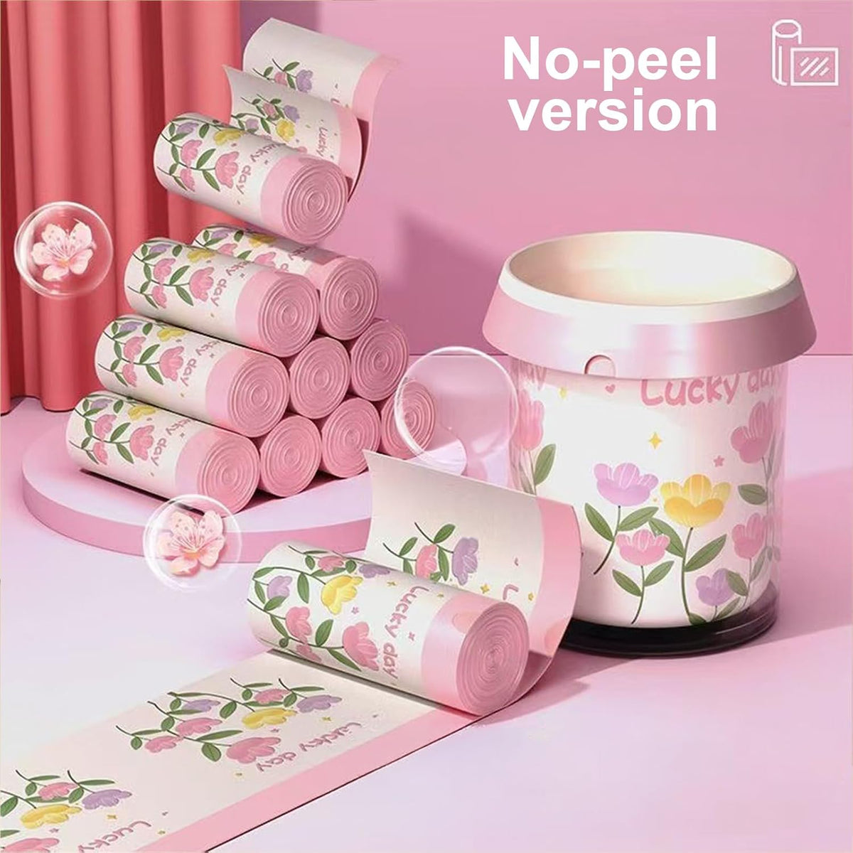 Pink Floral Print Plastic Trash Bags, Strong Drawstring Garbage Bags for Kitchen & Household