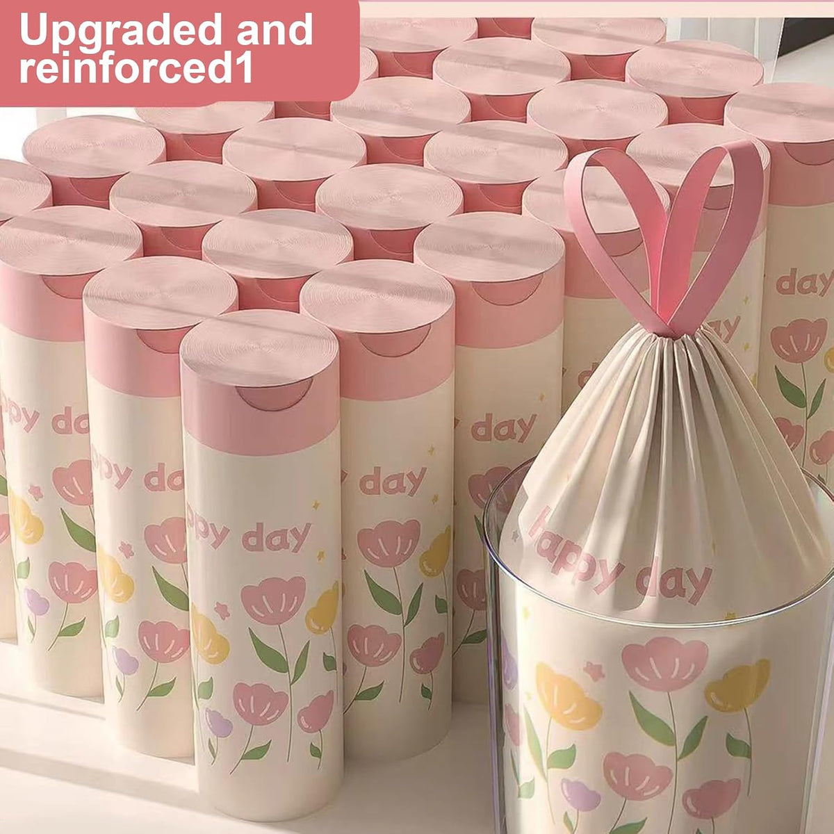 Pink Floral Print Plastic Trash Bags, Strong Drawstring Garbage Bags for Kitchen & Household