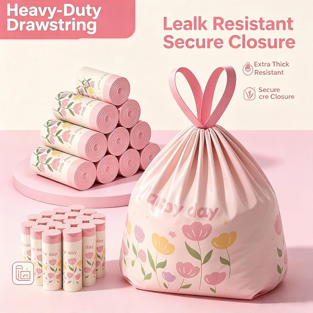 Pink Floral Print Plastic Trash Bags, Strong Drawstring Garbage Bags for Kitchen & Household