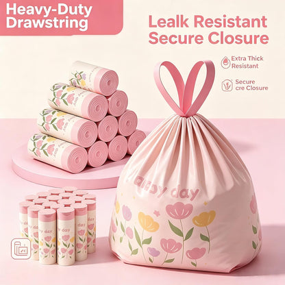 Pink Floral Print Plastic Trash Bags, Strong Drawstring Garbage Bags for Kitchen & Household
