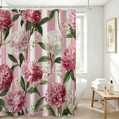 Pink Floral Shower Curtain, Pink and White Striped Peony, 72x72 Inch
