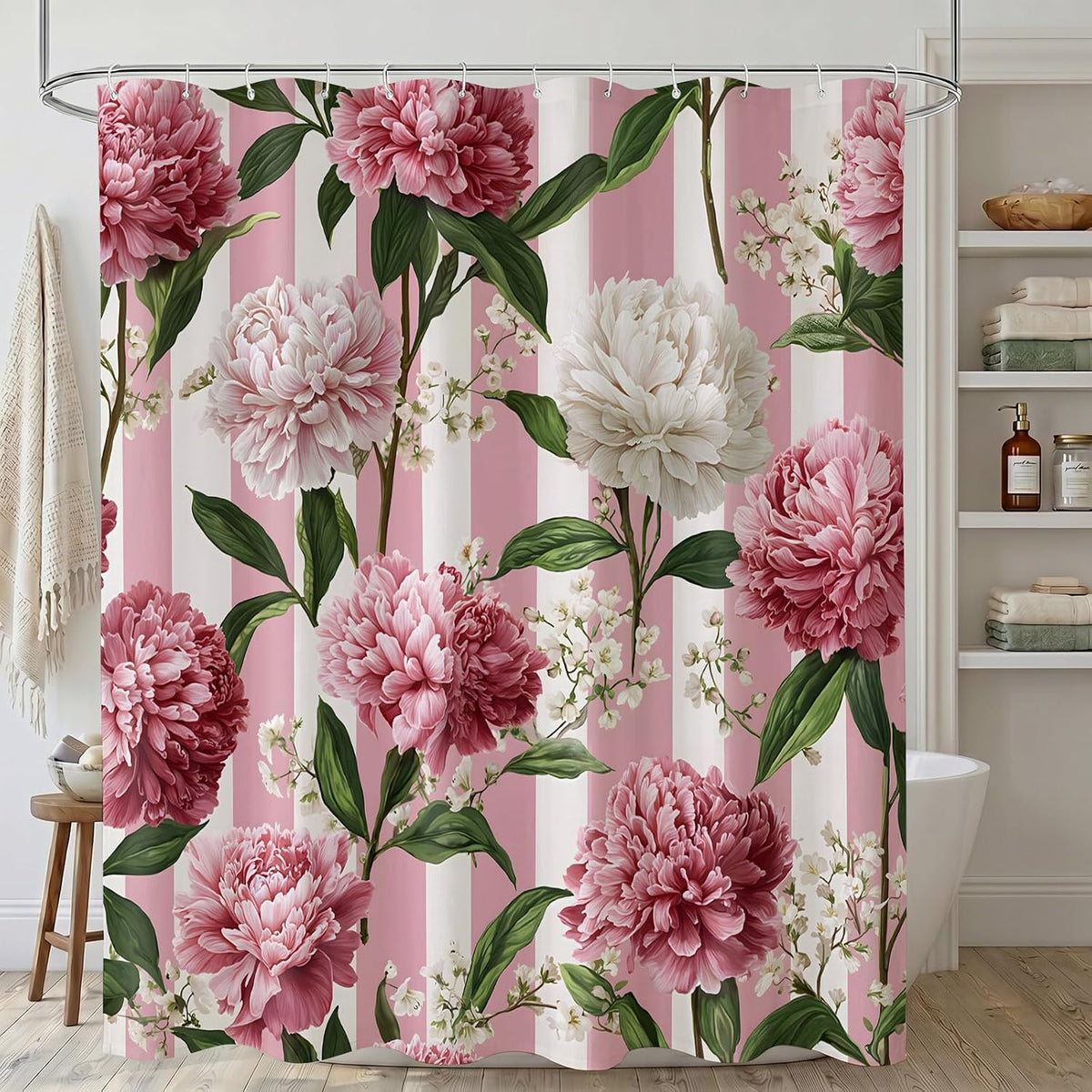 Pink Floral Shower Curtain, Pink and White Striped Peony, 72x72 Inch