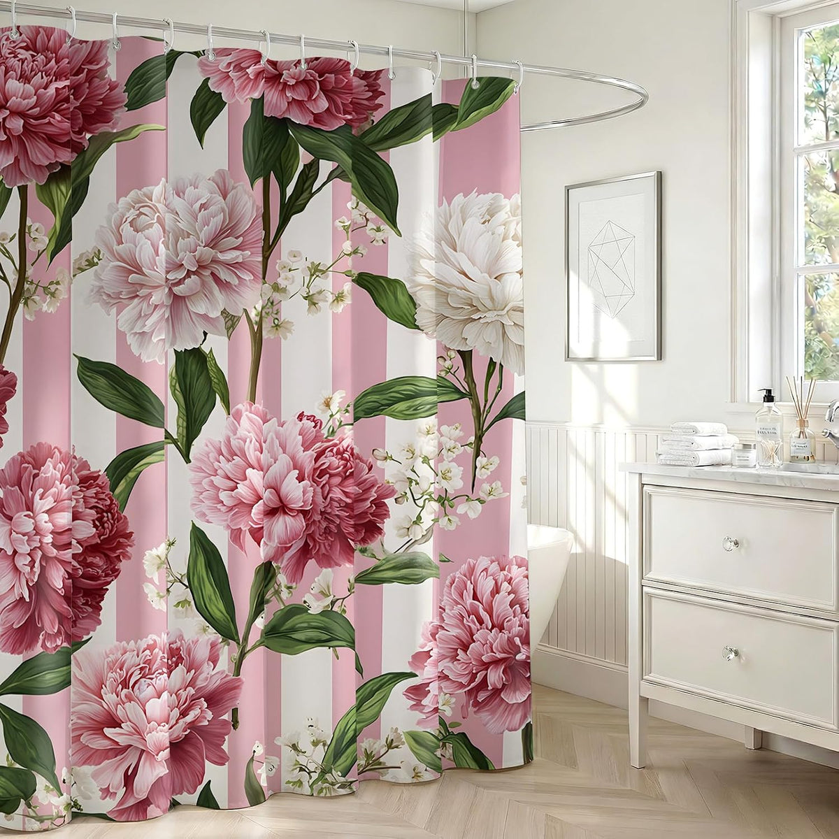 Pink Floral Shower Curtain, Pink and White Striped Peony, 72x72 Inch