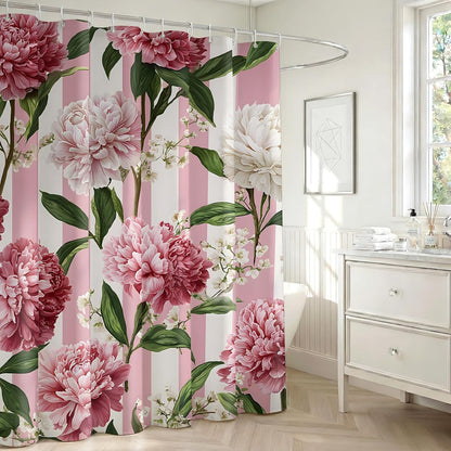 Pink Floral Shower Curtain, Pink and White Striped Peony, 72x72 Inch
