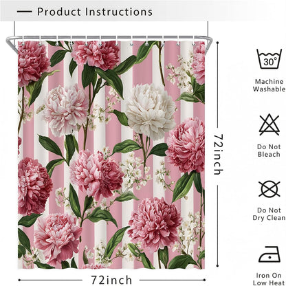 Pink Floral Shower Curtain, Pink and White Striped Peony, 72x72 Inch