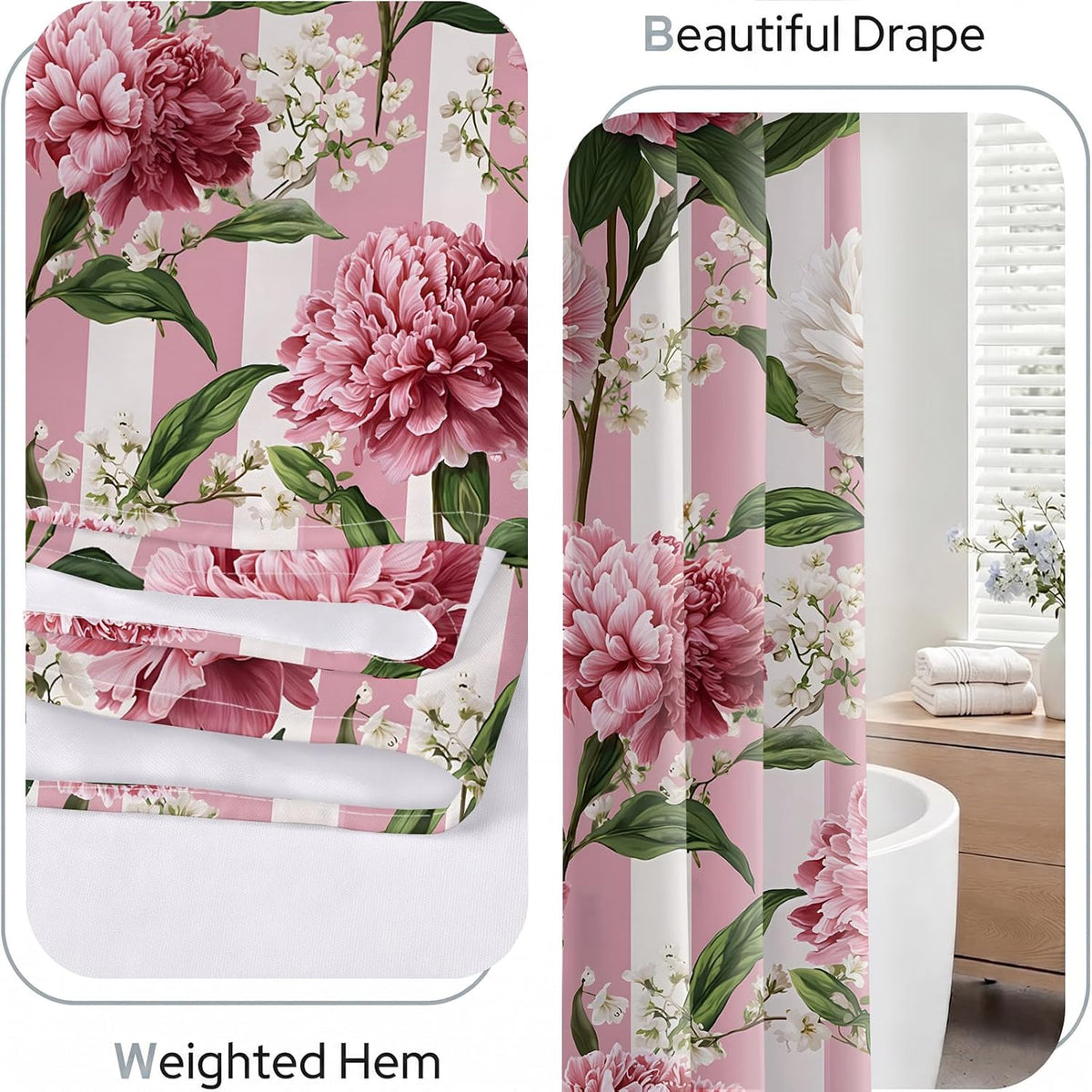 Pink Floral Shower Curtain, Pink and White Striped Peony, 72x72 Inch