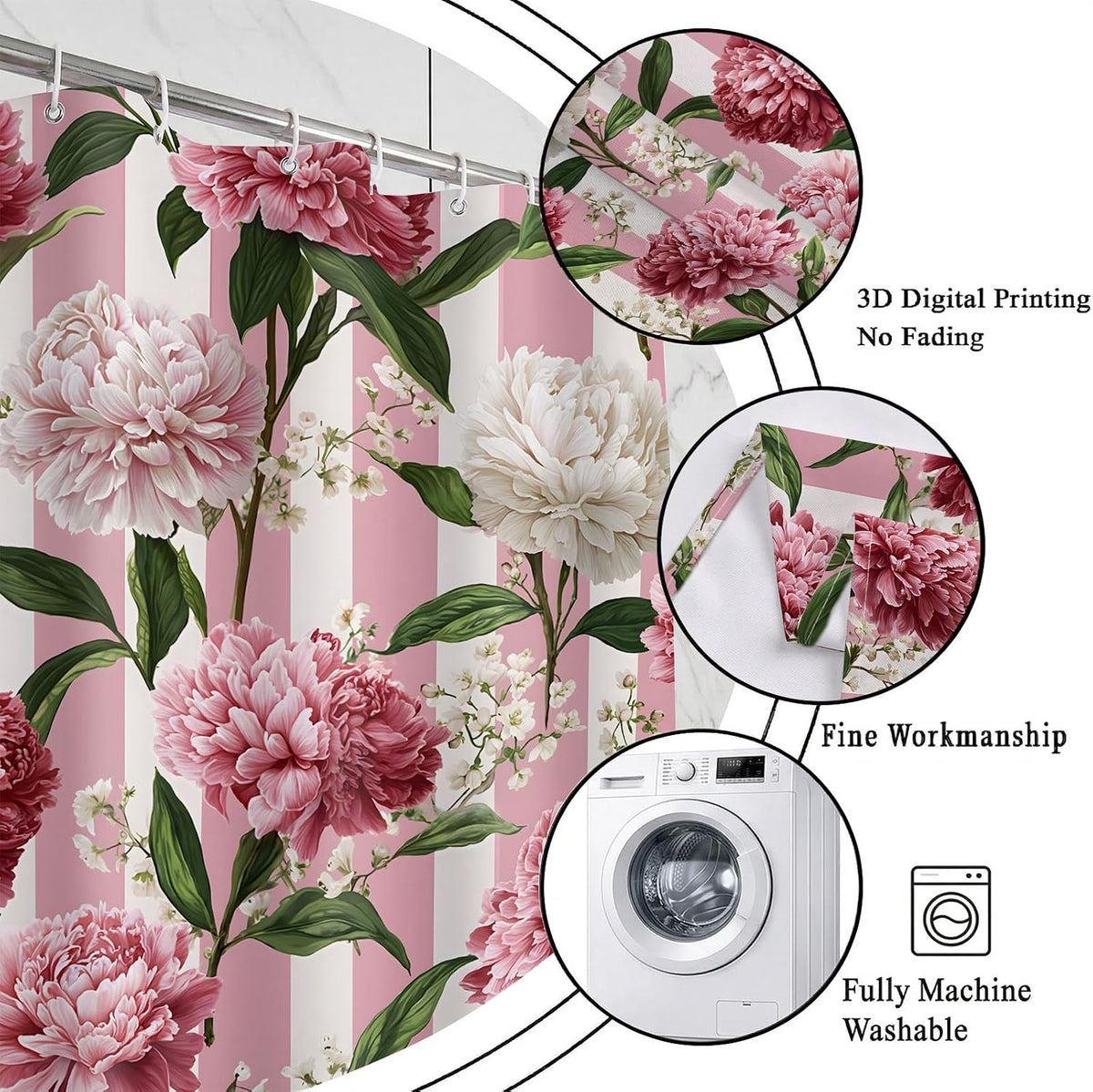 Pink Floral Shower Curtain, Pink and White Striped Peony, 72x72 Inch