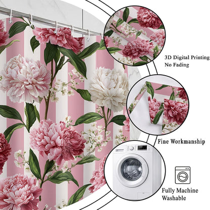 Pink Floral Shower Curtain, Pink and White Striped Peony, 72x72 Inch