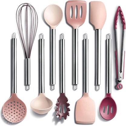 Silicone Cooking Utensils, Kitchen Utensil Set, Easy to Clean Silicone Kitchen Utensils, Cooking Utensils for Nonstick Cookware, Kitchen Gadgets Set, 10 Pieces, Rose