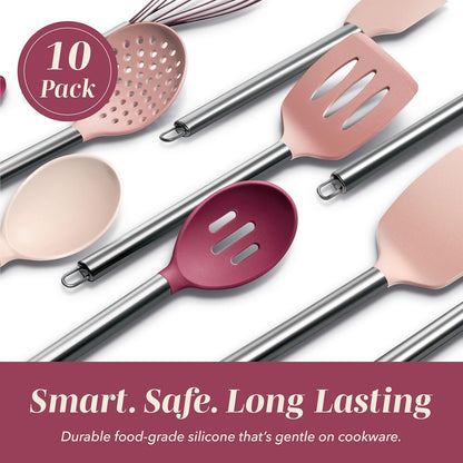 Silicone Cooking Utensils, Kitchen Utensil Set, Easy to Clean Silicone Kitchen Utensils, Cooking Utensils for Nonstick Cookware, Kitchen Gadgets Set, 10 Pieces, Rose