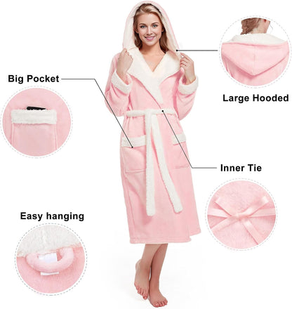 Women Hooded Plush Robe, Fleece Highly Absorbent Cozy Warm Bathrobe