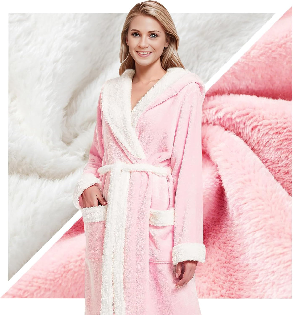 Women Hooded Plush Robe, Fleece Highly Absorbent Cozy Warm Bathrobe