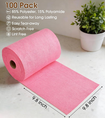 KitchLife Microfiber Cleaning Cloth Roll, 100 Pack - Tear-Away Microfiber Paper Towels, Lint-Free, Reusable, Washable for Kitchen, Car, Dishes, and Sensitive Surfaces (Pink)
