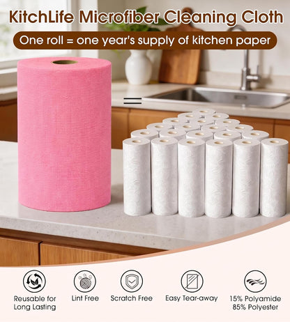 KitchLife Microfiber Cleaning Cloth Roll, 100 Pack - Tear-Away Microfiber Paper Towels, Lint-Free, Reusable, Washable for Kitchen, Car, Dishes, and Sensitive Surfaces (Pink)