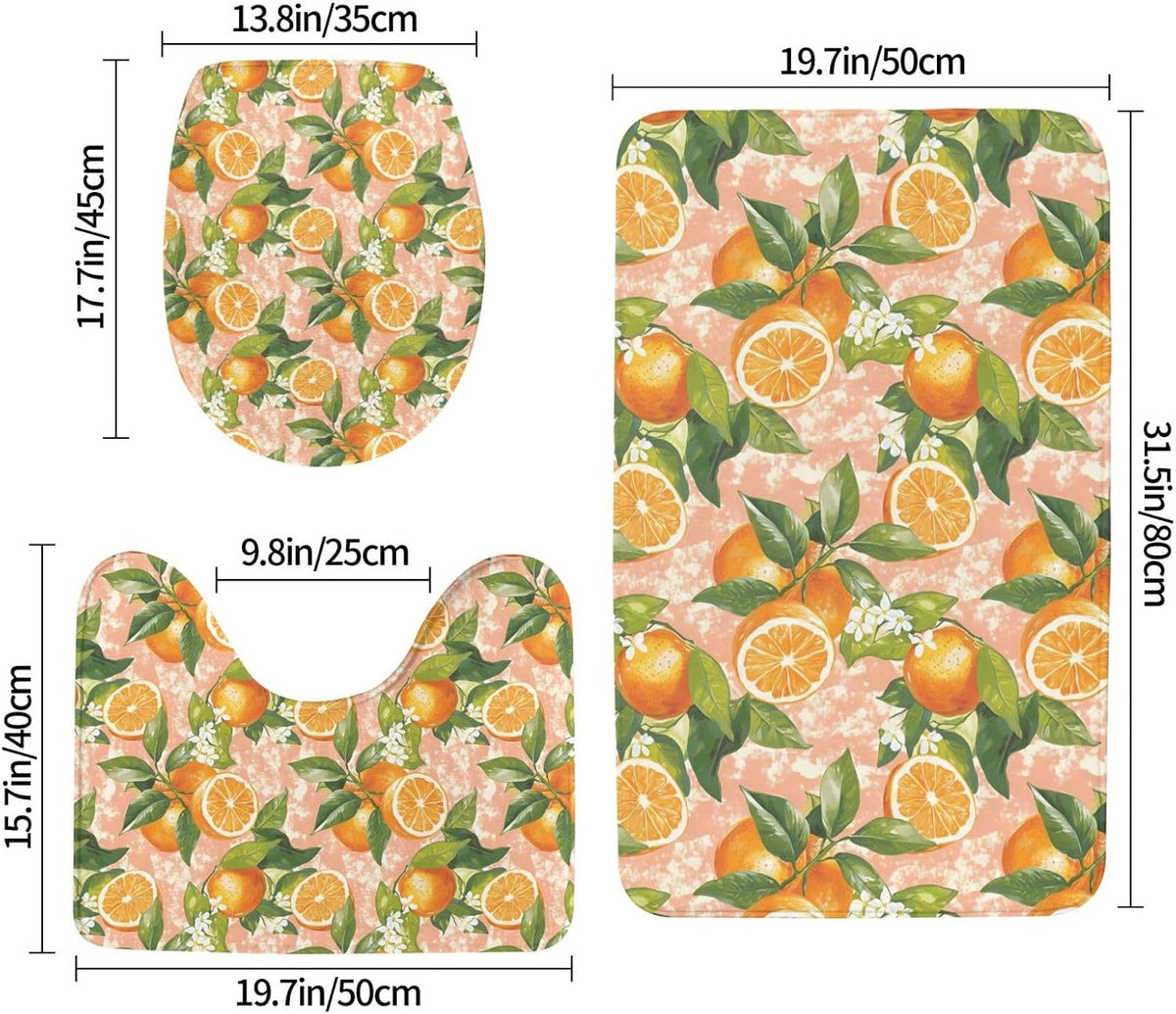 Bathroom Rugs Sets 3 Piece - Orange Light Pink Print Absorbent Non Slip Washable Bath Mats, U-Shape Toilet Lid Cover, Contour Mat, Soft Shower Mats Bath Rug Mat for Bathroom Tub Toilet
