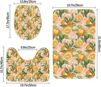 Bathroom Rugs Sets 3 Piece - Orange Light Pink Print Absorbent Non Slip Washable Bath Mats, U-Shape Toilet Lid Cover, Contour Mat, Soft Shower Mats Bath Rug Mat for Bathroom Tub Toilet