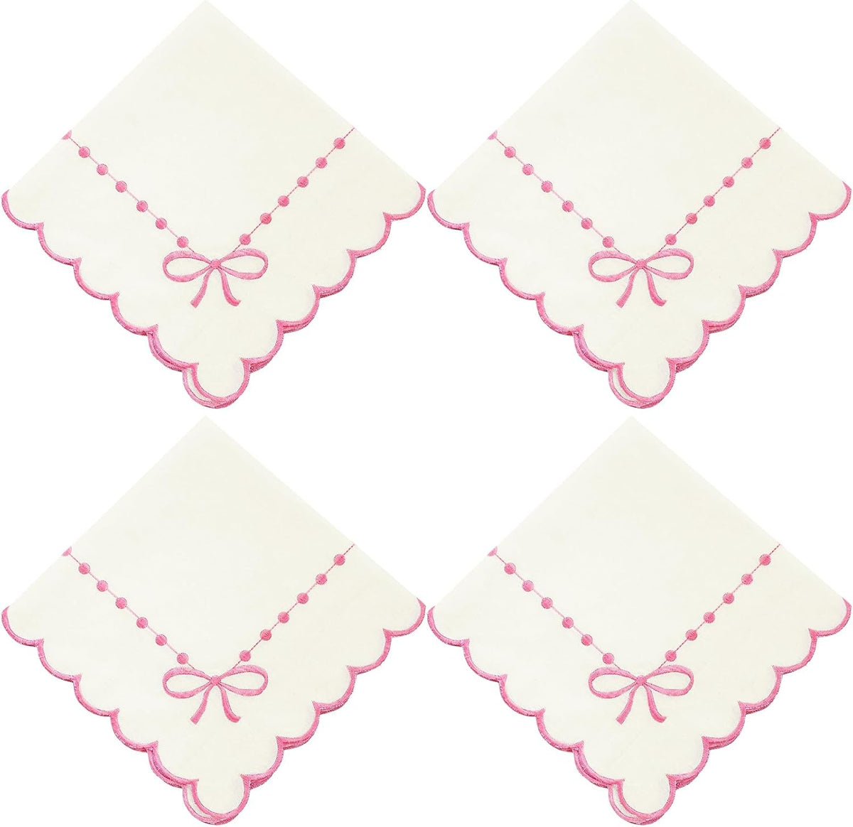 Set of 4 Pink Bow Cloth Napkins 18 x 18 Inch Embroidery Scalloped Coquettish Cloth Napkins Table Decor 100% Cotton Machine Washable Supplies for Table Decorations