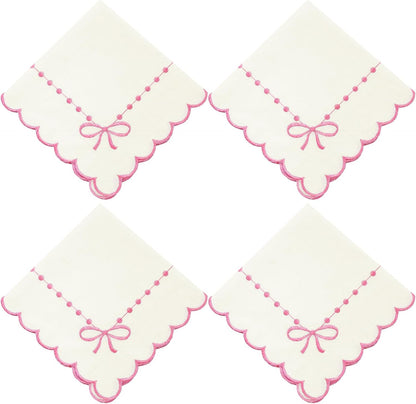 Set of 4 Pink Bow Cloth Napkins 18 x 18 Inch Embroidery Scalloped Coquettish Cloth Napkins Table Decor 100% Cotton Machine Washable Supplies for Table Decorations