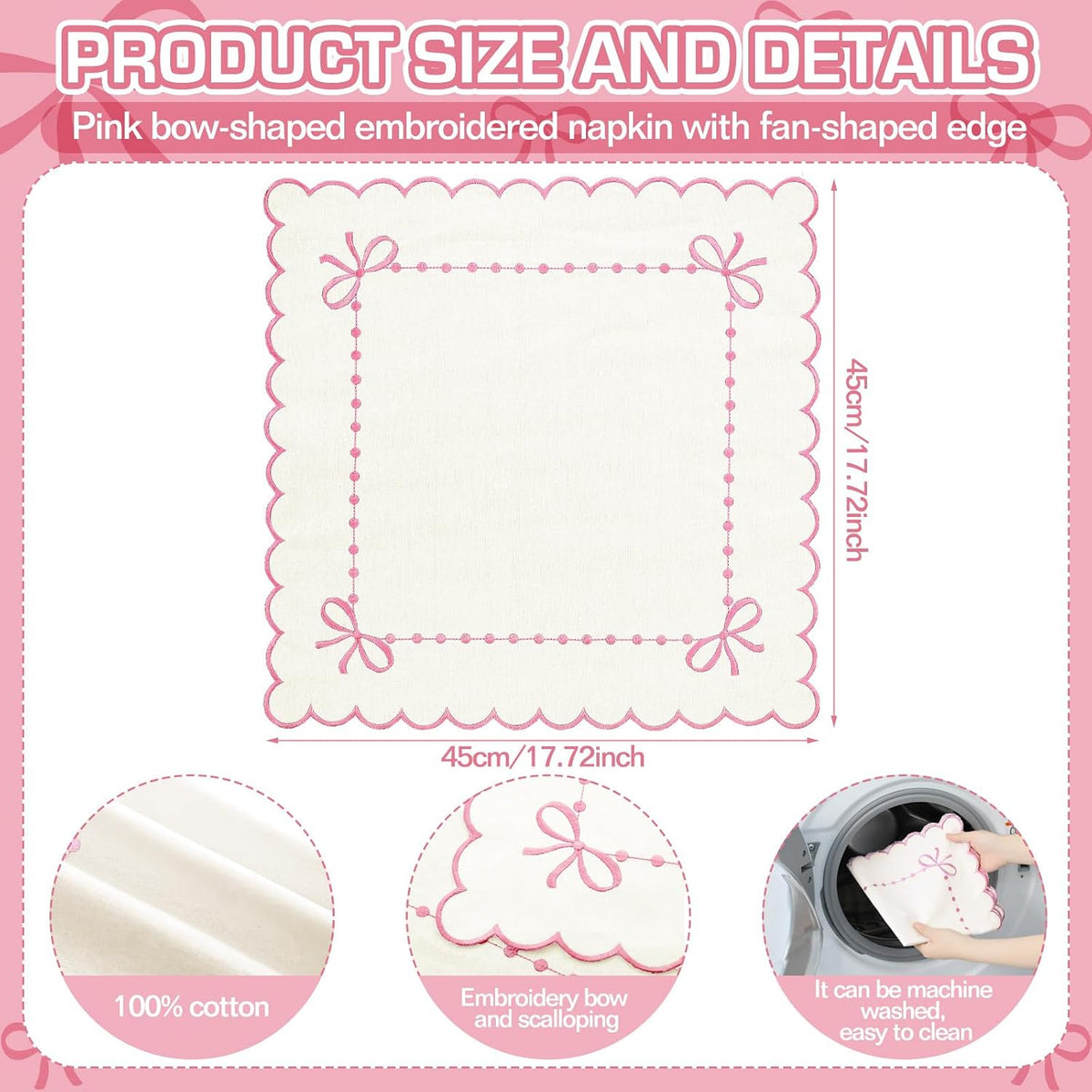 Set of 4 Pink Bow Cloth Napkins 18 x 18 Inch Embroidery Scalloped Coquettish Cloth Napkins Table Decor 100% Cotton Machine Washable Supplies for Table Decorations