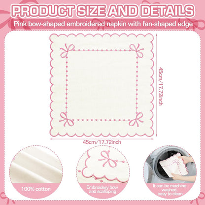 Set of 4 Pink Bow Cloth Napkins 18 x 18 Inch Embroidery Scalloped Coquettish Cloth Napkins Table Decor 100% Cotton Machine Washable Supplies for Table Decorations