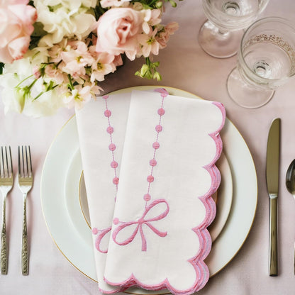 Set of 4 Pink Bow Cloth Napkins 18 x 18 Inch Embroidery Scalloped Coquettish Cloth Napkins Table Decor 100% Cotton Machine Washable Supplies for Table Decorations