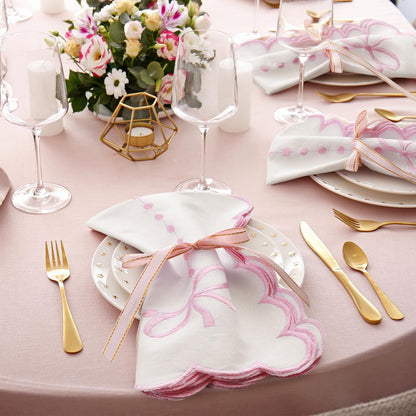 Set of 4 Pink Bow Cloth Napkins 18 x 18 Inch Embroidery Scalloped Coquettish Cloth Napkins Table Decor 100% Cotton Machine Washable Supplies for Table Decorations
