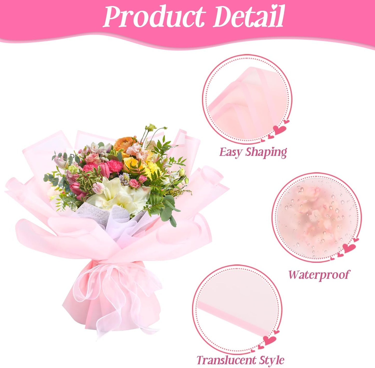 20 Sheets Pink Flower Wrapping Paper,Waterproof Fresh Flower Packing Material Florist Bouquet Supplies DIY Craft Gift Packing
