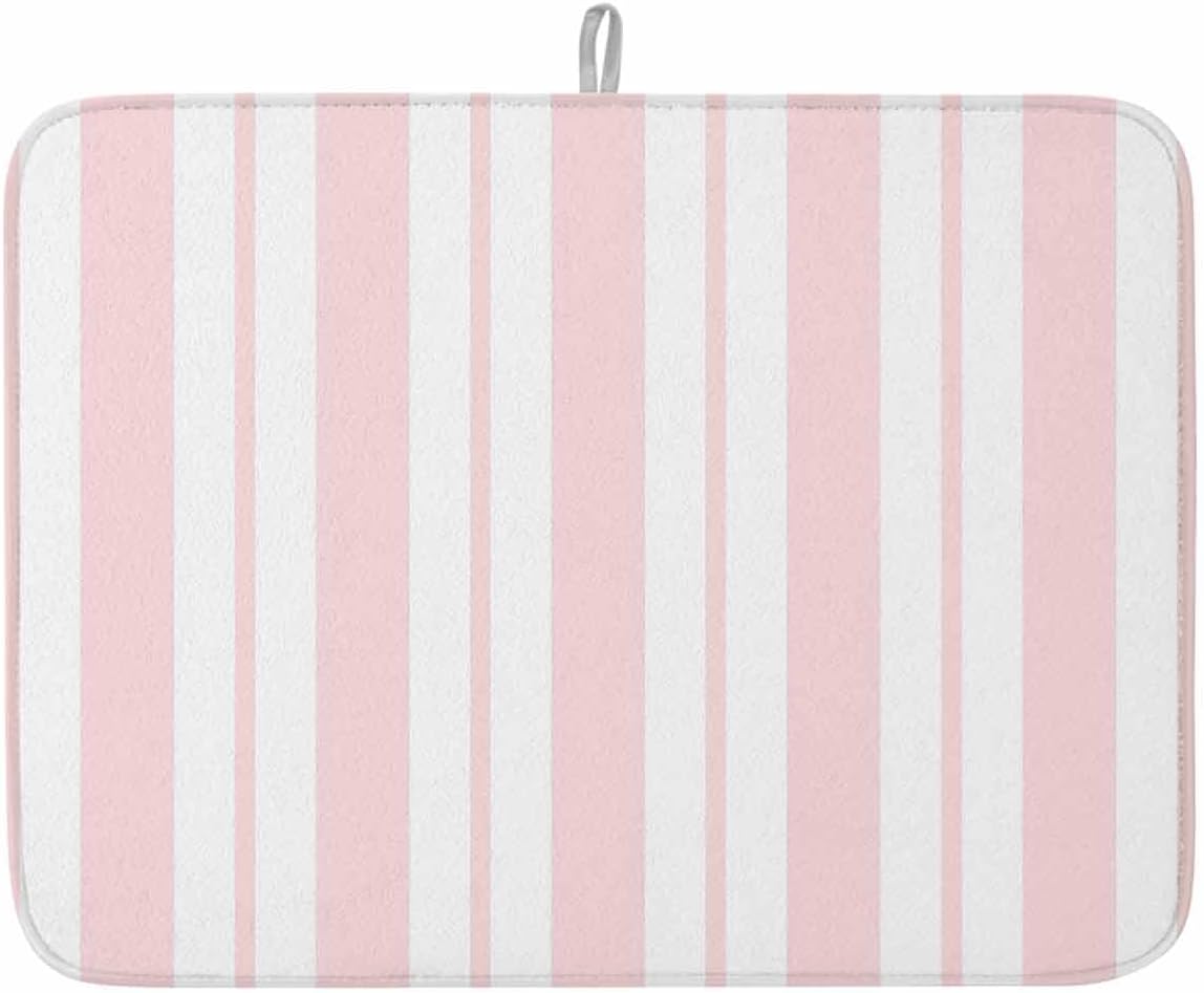 Pink Striped Dish Drying Mat 1 Pack, Modern Stripes Farmhouse Rustic Country Absorbent Heat Insulating Kitchen Drying Pad Drainer Mats for Sink Counter Pot Dishes 18 X 24 Inch