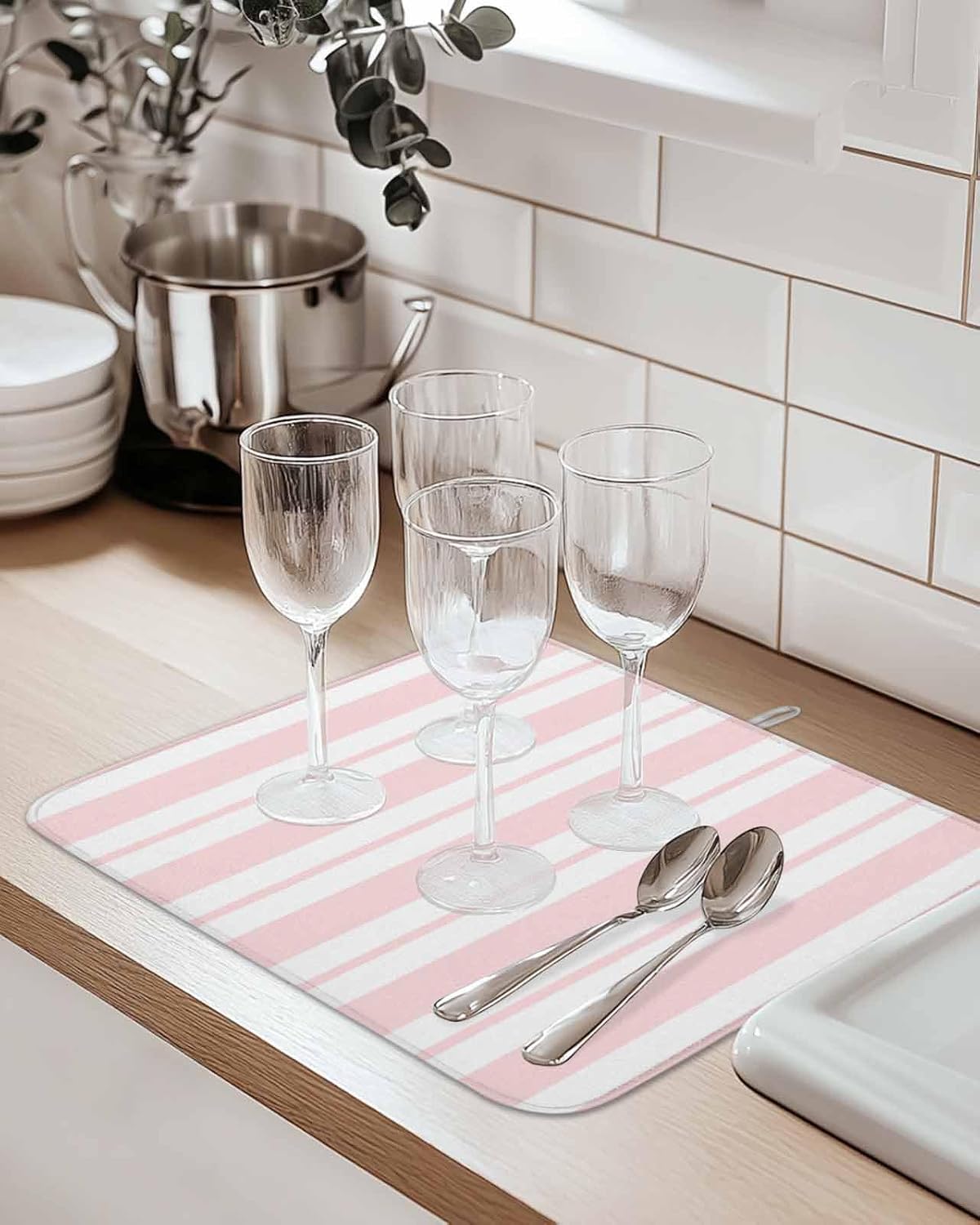 Pink Striped Dish Drying Mat 1 Pack, Modern Stripes Farmhouse Rustic Country Absorbent Heat Insulating Kitchen Drying Pad Drainer Mats for Sink Counter Pot Dishes 18 X 24 Inch