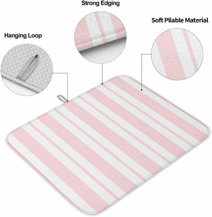 Pink Striped Dish Drying Mat 1 Pack, Modern Stripes Farmhouse Rustic Country Absorbent Heat Insulating Kitchen Drying Pad Drainer Mats for Sink Counter Pot Dishes 18 X 24 Inch